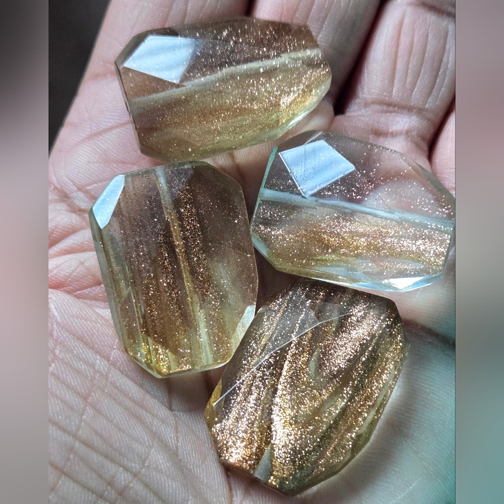 4 Gold Glitter And Clear Faceted Glass Beads